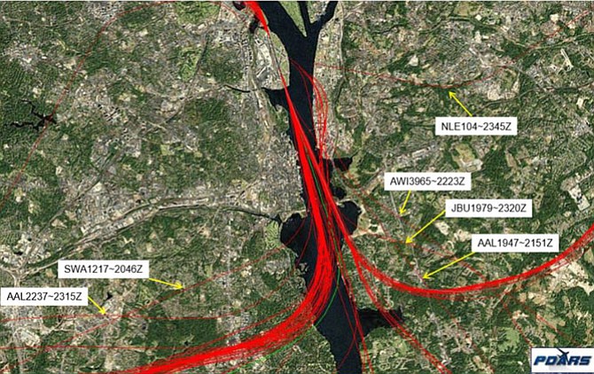 The Alexandria neighborhoods of Villamay, Mason Hill, Hollin Hills, Hollindale, Kirkside and Marlan Forest are directly affected by airplanes using the NextGen RNAV departure flight tracks (shown in red lines).