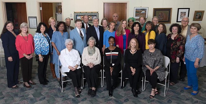 Great Falls Writer's Group members published in the third anthology, “And This I Give to You,” include (front row) Mary Dacoba, Catherine Mathews, founder Kristin Clark Taylor, Myrna Stuart, Merrill Lishan, (middle row) Christina Tyler Wenks, Nancy Hannan, Barbara Ianniello, Bans Gill, Clarence Ashley, Ray Rollins, Sophie Tedesco, Laurie Bell, Jin Soon Moon, Nullie Stockton, Gail Péan, Judith Pulitzer, Coty Dickson, (back row) Shell Dillard, Don Juncal, Philip Ely Church, Eileen Curtis, Paul Sawtell, Michelle Morgan Spady, Esther MacLively-Eacho, Bill Lewers, and Paul Pulitzer. 