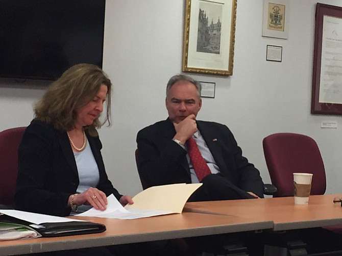 Mayor Allison Silberberg (left) and U.S. Sen. Tim Kaine with a panel of local students, social workers, and law enforcement professionals. 