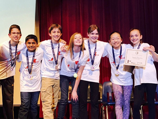 Forestville Elementary sixth grade Odyssey team (from left):  Nick Spoto, Raman Mathur, Connor Oakes, Natalie Hutchinson, Katie Merrill, Mulan Pan and Aliaa Saleh.
