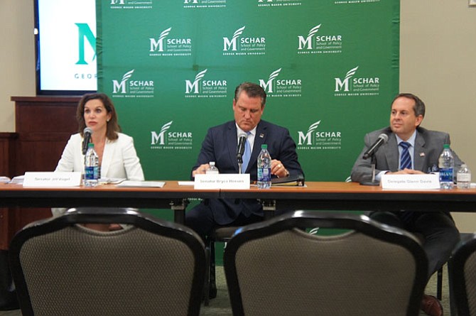 State Sen. Jill Vogel (R-27), Sen. Bryce Reeves (R-27), and Del. Glenn Davis (R-84) answer questions posed at the Lieutenant Governor’s Candidate Forum at George Mason University.
