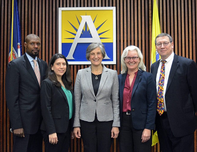 From left: School Board members James Lander, Tannia Talento, Nancy Van Doren (chair), Barbara Kanninen (vice chair), and Reid Goldstein.