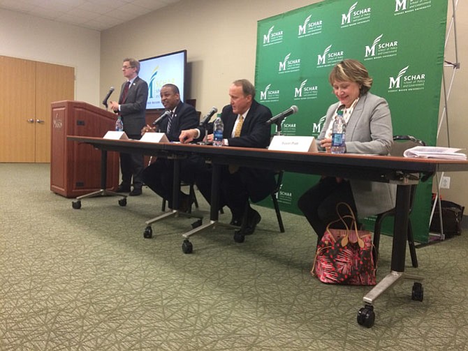 Justin Fairfax, Gene Rossi and Susan Platt debate at George Mason University. 