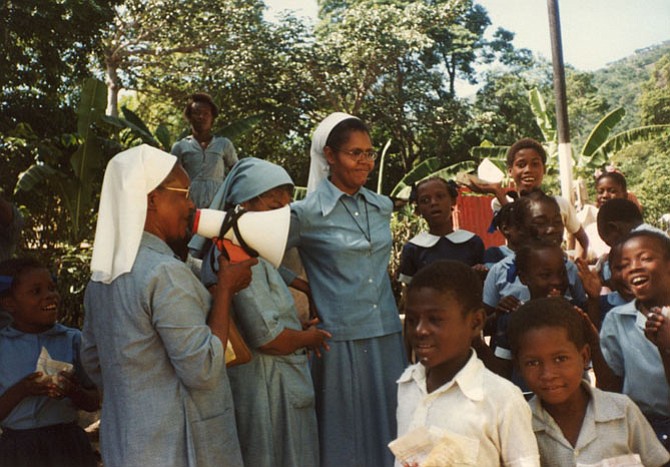 Sister Alodie uses her beloved megaphone to keep her students in line.