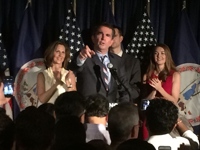 Lt. Gov. Ralph Northam declares victory during a victory party at Highline RxR in Crystal City.
