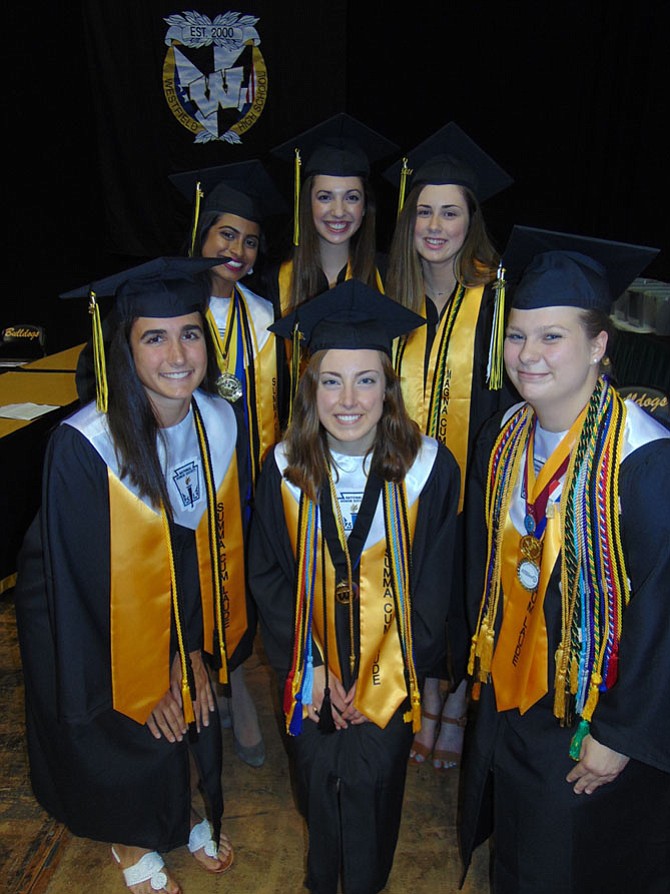 Westfield High School senior class officers (front row): Didi Pace, president; Allie Bush, vice president; and Carolyn Ziegler, secretary; (back row): Maya Hossain, treasurer; Julie Frappier, historian; and Marissa Ritter, senator. 
