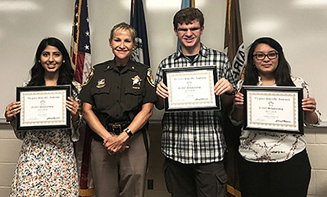 Sheriff Stacey Kincaid presented Virginia Sheriffs’ Institute scholarships to three GMU students, Roya Ansary, Jenniffer Andino Cruz and Jack Katz. They are all residents of Fairfax County – Roya from Alexandria, Jenniffer from Centreville and Jack from Falls Church.