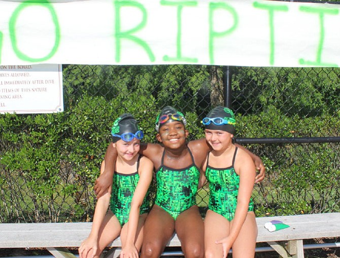 8 & Under Girls Freestyle Sweep with new NVSL Record Holder:  C. Coughlin, C. Roundtree, and A. Kelliher.