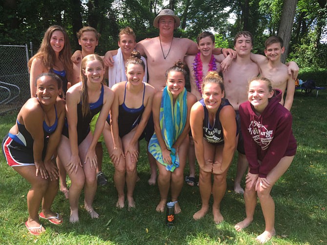 The senior Piranhas led by example in and out of the pool for Sully 2. Back row: Karenna Hall, Kellen Campbell, Brody Campbell, Harmon Saint Germain, Colin Brown, Max Morris, Brantley Cervarich. Front row: Hope Alston, Ally Introne, Delaney Kennedy, Georgia Stamper, Carly Logan, and Nicole Phillips.
