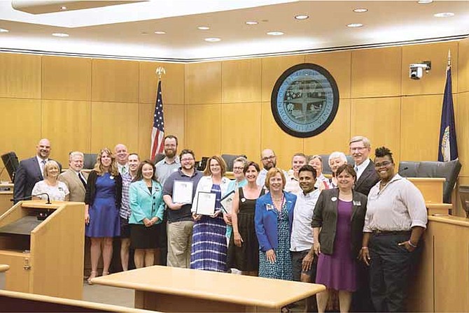 The Herndon Town Council passed a proclamation recognizing the month of June as LGBTQ+ Pride Month. Along with Mayor Lisa Merkel, town councilmembers, Acting Town Manager Bill Ashton and Town Attorney Lesa Yeatts, Virginia Del. Jennifer Boysko, D-86, and Supervisor John Foust (D-Dranesville) joined LGBTQ community members and representatives from the Dulles Triangles and NOVA Pride to commemorate the occasion.
