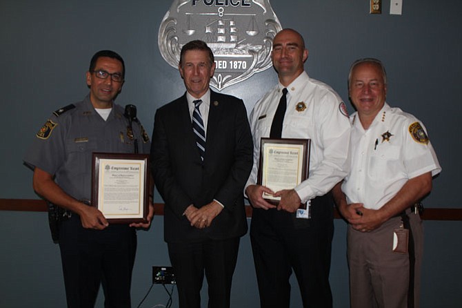 Deputy Chief Shahram Fard, U.S. Rep. Don Beyer (D-8), David Politz, and Sheriff Dana Lawhorne.
