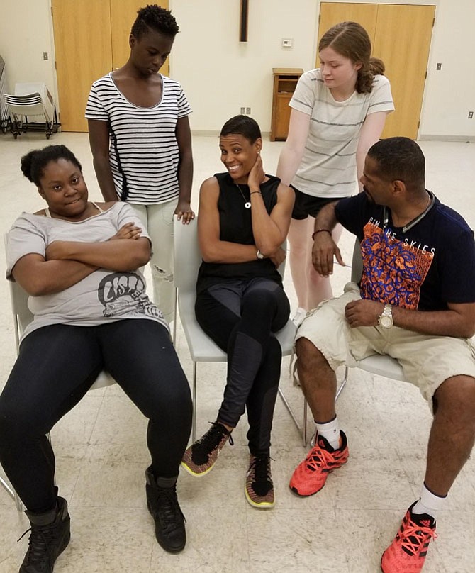 Actors rehearse a scene from Port City Playhouse's production of "Fabulation." From left are Kristra Forney, Marcela Onyango, Tanya Baskin, Lexie Lounsbury, and Reginald Gardner. The performances run July 8-22 at Gunston 2 Theater.