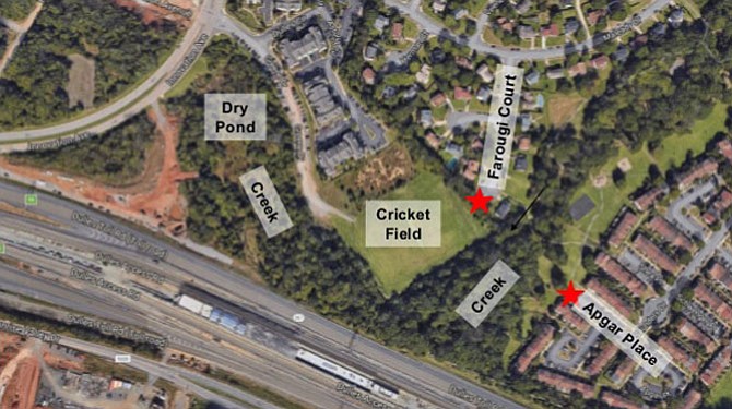 The designs contend with the existing conditions of the location: Two creeks that exists on both ends of the paths and the Dulles Greene cricket field that sits off Greene Drive in the middle.
