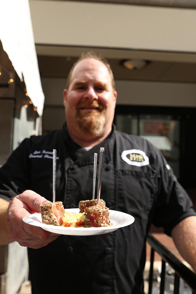 Jim Barett from M & S Grill, a spin-off American grill concept at McCormick & Schmick’s on Democracy Drive in the Reston Town Center, won first place with his ahi tuna pops dish: Seared ahi tuna rolled in Chinese five-spice powder and black and white sesame seeds with Wakame cucumber salad and cilantro peanut sauce.