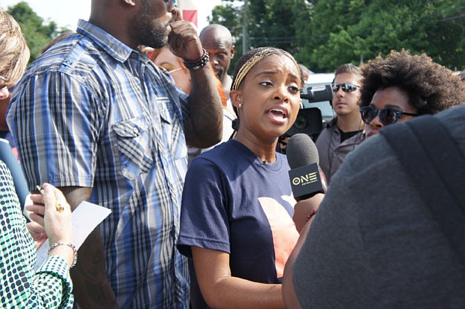 Tamika Mallory, co-founder of the Women’s March, talks to the press before getting the event underway.