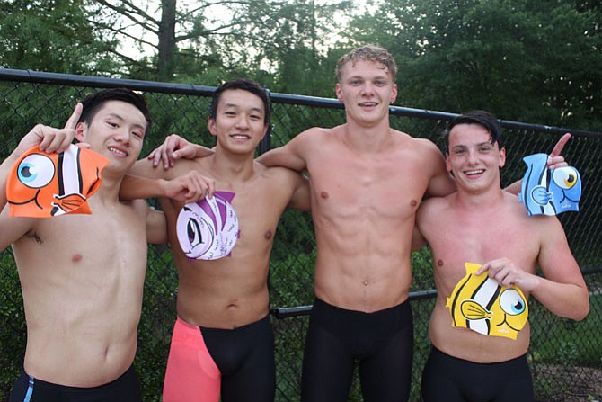 Boys 15-18 Medley and Free Relay records-setting Team: A. Arcomona, L. Wang, N. McGrath, and G. Eisenhart.