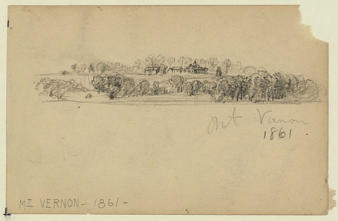 Alfred Waud sketched the Mount Vernon mansion from a boat on the Potomac River. Likely on the same trip, he sketched Fort Washington, a bit up river and on the Maryland shore. Pencil on cream paper.