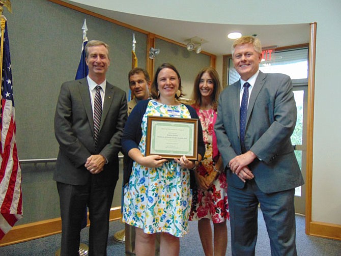 Meghan Walker of Springfield has been honored as Citizen of the Year in annual Best of Braddock Honors and Picnic on Wednesday, July 12. Pictured with Walker are David Bulova, Chap Petersen, Eileen Filler-Corn, and John Cook.
