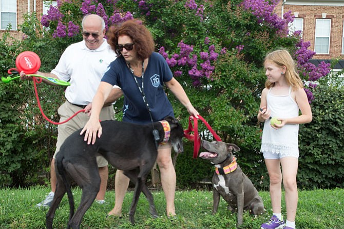 Joe Caso, 62, director of presales, Patti Aston, satellite operator, and her daughter Hunter, 8, third grader attempt to pose for a picture with their dogs Dixie and Barry Allan. They are Herndon residents. Barry, the greyhound is 5 years old and is named after the Flash from Marvel’s Justice League. Barry is a retired racer. Dixie is also 5 years old and is a rescued blue nosed Pitbull. “They are companions, they love me and they don’t talk back,” said Patti Aston. 
