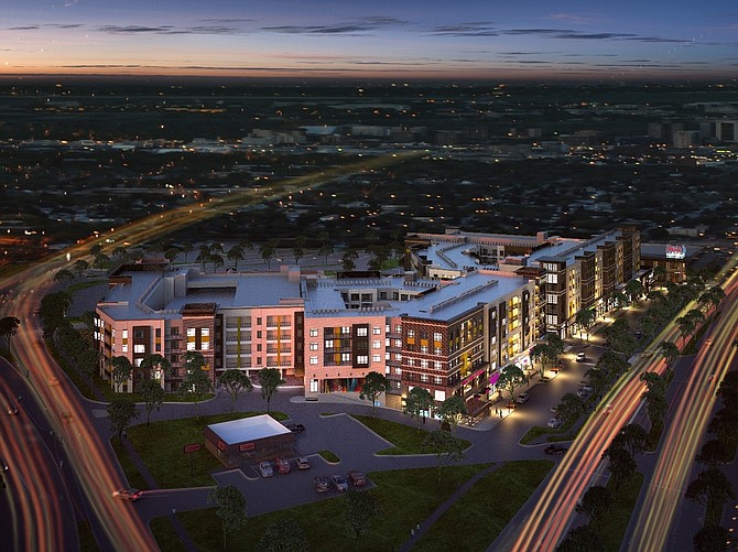 Artist’s aerial view of the community at dusk.