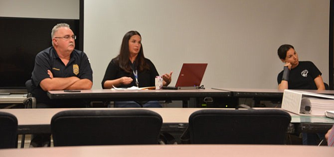 From left: Sgt. Earit Powell of the Fairfax County Police Dept. manages the deer hunting operations. Katherine Edwards, Ph.D. is the county’s wildlife management specialist. Together with Kristen Sinclair, ecologist III, Natural Resources Branch, the three hosted the public meeting on the 2017-2018 Deer Population Management Program.