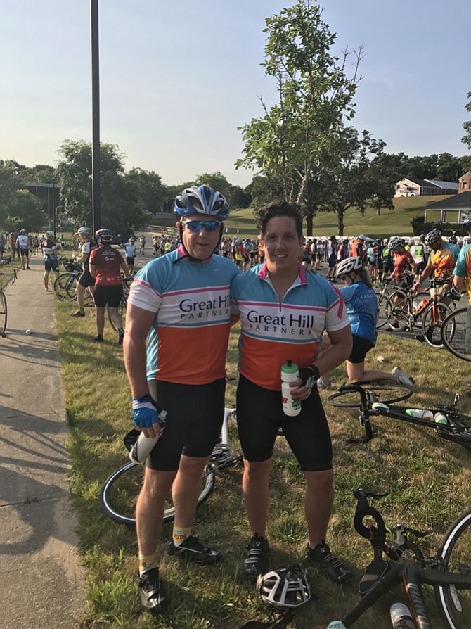 Peter Stevenson of Reston with son Matt at the Day 2 rest stop of the Pan-Mass Challenge.
