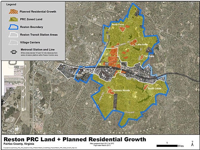After much concern from the community, the Fairfax County Department of Planning and Zoning updated the map to show where the planned high-density areas of the PRC District areas are, shown in red within the yellow-green on this map.