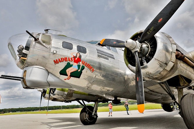 The World War II Boeing  B-17 Madras Maiden sits on the tarmac at Martin State Airport Aug. 28. The restored military aircraft will be open to the public Sept. 2-3.