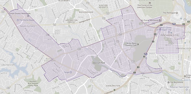 The 49th District stretches from Seven Corners through Nauck and Penrose into Aurora Highlands. (map from the Virginia Public Access Project)