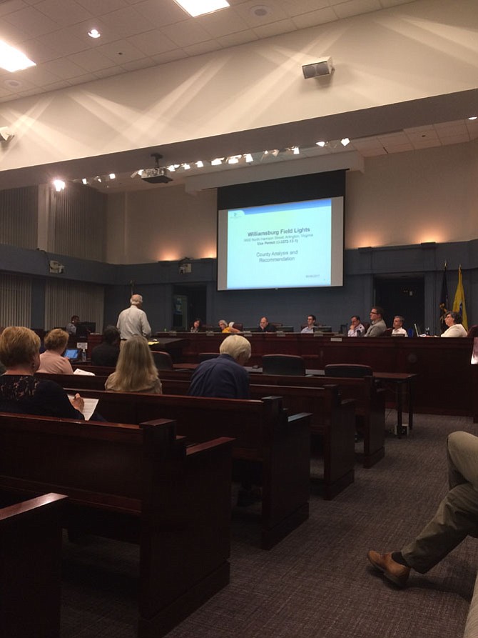 Arlington residents address the county Planning Commission regarding the Williamsburg playing field lights.