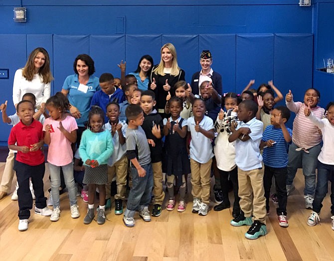 Special advisor to the President Ivanka Trump, center, gives a thumbs up after participating in the Volunteer Alexandria 9-11 service day at the Dunbar Alexandria Boys & Girls Club. Volunteers from American Legion Post 24 participated in the Sept. 11 event that focused on emergency preparedness.