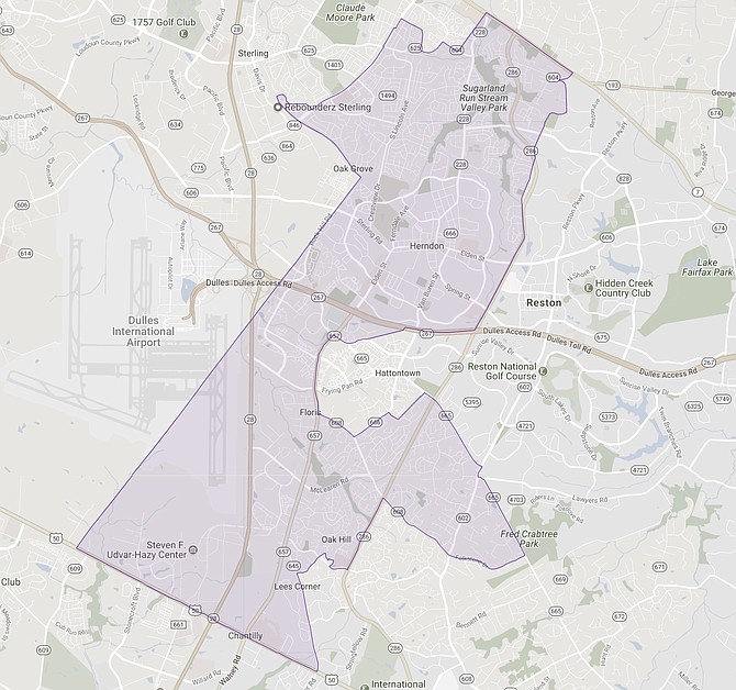 The 86th House District stretches from Chantilly through Oak Hill into Herndon and Sterling. (map from the Virginia Public Access Project)
