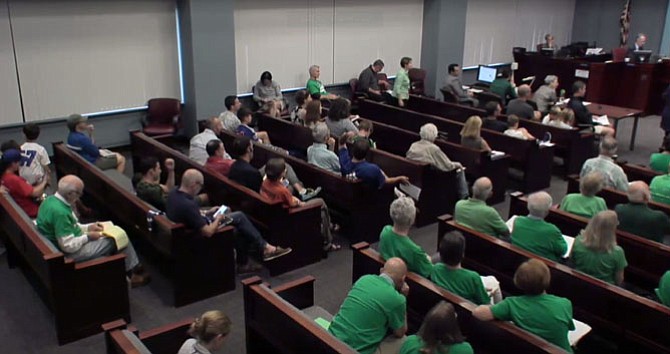 Opposition to Williamsburg lights attended the County Board meeting dressed in green.
