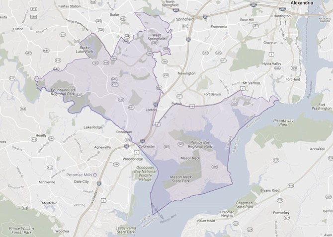 The 42nd House District stretches from West Springfield into Colchester toward Fort Belvoir and into Mason Neck. (map from the Virginia Public Access Project)