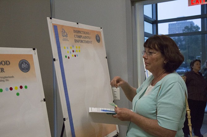 Patricia Phillips of Fairfax, who is a proponent of short-term rentals, participates in a “dot exercise,” indicating topics that are her primary concerns regarding regulation. She placed her dot stickers on the boards with these four issue areas: Taxes/income/revenue; neighborhood character; inspections/complaints/enforcement; and homeowner and condominium associations.
