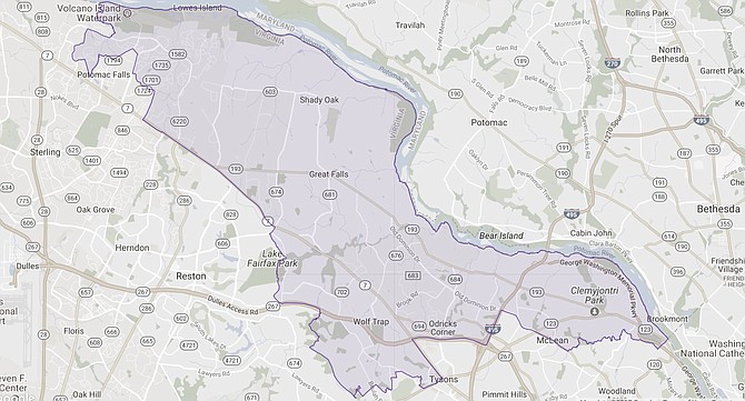 The 34th House District stretches from Fort Marcy through Langley and Great Falls into the eastern edge of Loudoun County. (map from the Virginia Public Access Project)