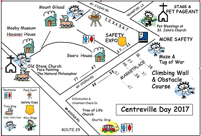 Map of Centreville Day 2017 attractions and activities.