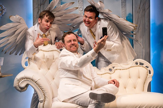 Evan Casey (Michael), Tom Story (God) and Jamie Smithson (Gabriel) star in "An Act of God" at Signature Theatre. 