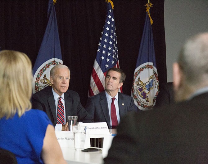 “This is a guy who understands what my dad always taught me, for real … ‘Everyone, everyone, everyone in the world is entitled to be treated with dignity,’” former Vice President Joe Biden (left) said of Democratic gubernatorial candidate and Lt. Gov. Ralph Northam (right).
