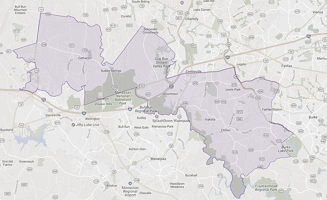 The 40th House District stretches from Bull Run to Sudley Springs into Chantilly and the western edge of Fairfax Station. (map from the Virginia Public Access Project)
