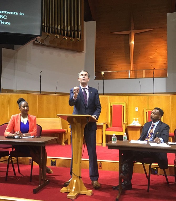 Ralph Northam, Democratic candidate for governor of Virginia, addressed Alfred Street Baptist Church’s 13th Annual Political Forum, Oct. 12. Also pictured are Elroy Sailor, right, who spoke on behalf of Ed Gillespie, Republican candidate for governor; and Ashlei Stevens (left), a D.C.-based media relations director who moderated.