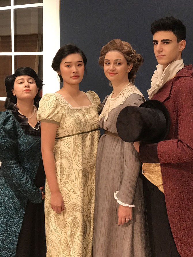 From left: Emily Fareid (Lady Catherine), Christine Moon (Elizabeth), Emily Draut (Mrs. Bennet) and Emanuele Di Prima (Mr. Bingley) are in Chantilly High’s “Pride and Prejudice.”