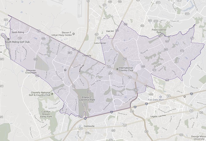 The 67th District stretches from South Riding through Sully Station and Penderwood. (map from the Virginia Public Access Project)