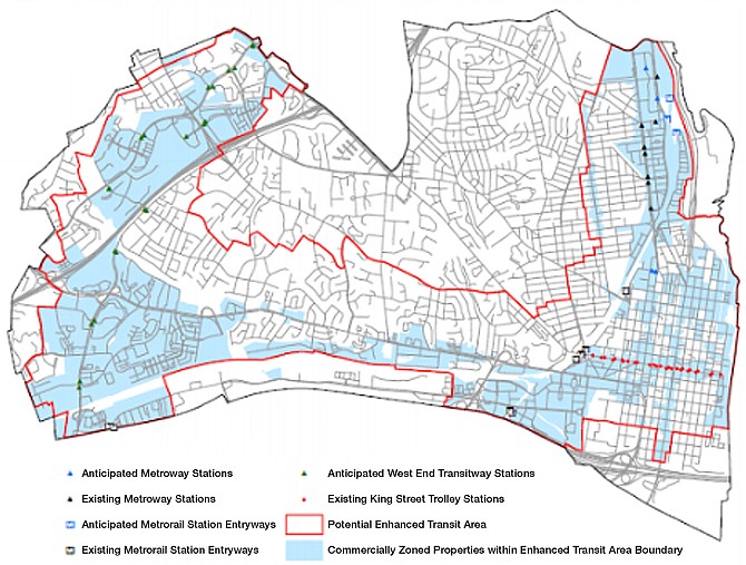 Map of Enhanced Transit Areas where commercial properties would have a parking reduction.