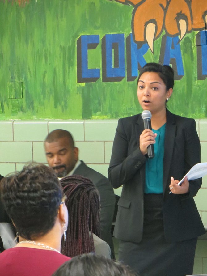 Sabrina Khan from Advancement Project outlines restorative practices for parents and students at  Cora Kelly School for Math, Science and Technology on Oct. 25.