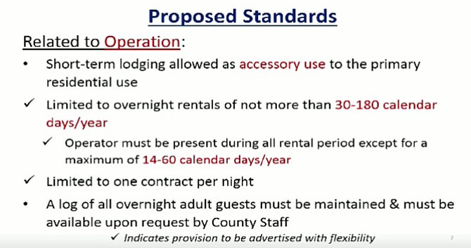 This chart shows a range of proposals for the zoning ordinance regarding short-term rentals.