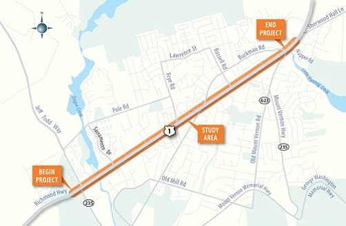 This map shows the stretch of Route 1 that will be widened.