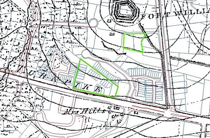 An example of an overlay map, with a plot of land outlined over a Civil War map titled Environs of Washington from the National Archives. 