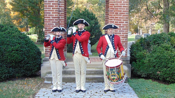 The U.S. Army Old Guard Fife and Drum Corps performs at the ceremony at Historic Pohick Episcopal Church. 