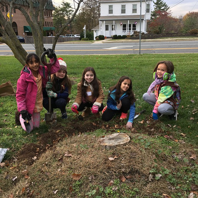 Tulsi Gupta, Katie Morey, Danya Levin, Anjali Kapur and Zoe Ireland from Potomac Elementary School Girl Scout Troop 2859 plant bulbs at Potomac Library Sunday.